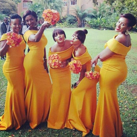 Chic Yellow Mermaid Bridesmaid Dresses | Off-the-Shoulder Wedding Party Dress_3