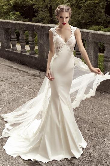 Elegantes Brautkleid mit Satinapplikationen Meerjungfrau-Schleife-Zug-Hochzeitskleid mit durchsichtigem Spitzenzug_3