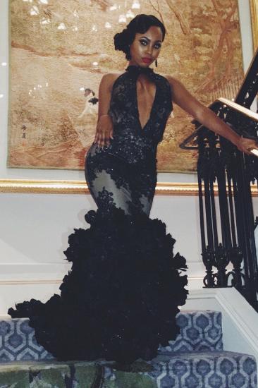 Alluring Keyhole Black Lace Ruffles High-Neck Sleeveless Backless Prom Dress_1