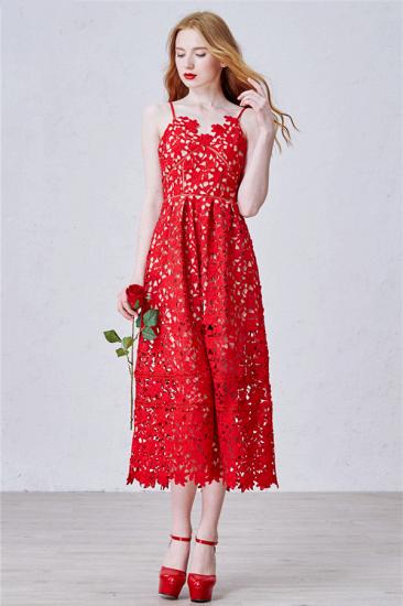 Red Spaghetti Strap Tea Length Lace Prom Dress Latest Sleeveless Zipper Evening Gowns_1