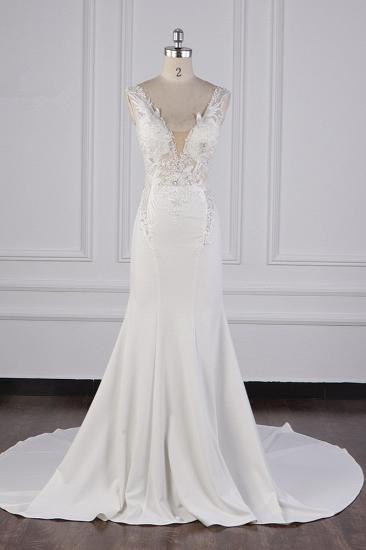 TsClothzone Glamorous Mermaid Satin Sleeveless Wedding Dress White Lace Appliques Bridal Gowns with Beadings On sale