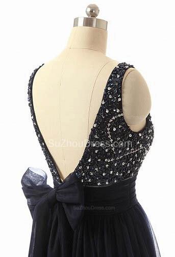 A-Line Black Tulle Long Prom Dresses with Beadings Open Back Formal Bowknot Custom Made Special Occassion Dresses_3