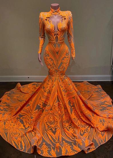 Bezauberndes orange Rollkragen-Meerjungfrau-Ballkleid | Langärmliges, bodenlanges Abendkleid