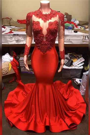 Sheer Tulle Lace Appliques Langarm Mermaid Red Prom Kleider