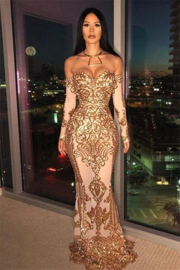 Off-the-shoulder Gold Appliques Prom Dress | Mermaid Long Sleeve Cheap Evening Dresses