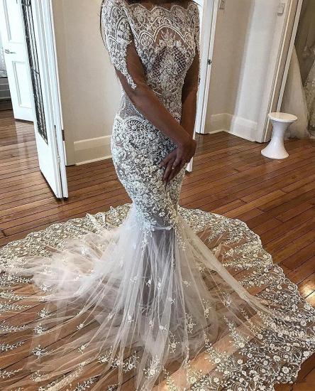 Sexy Mermaid Long Sleeve Lace Wedding Dress Sexy | Flowers See Through Tulle Bride Dress_4