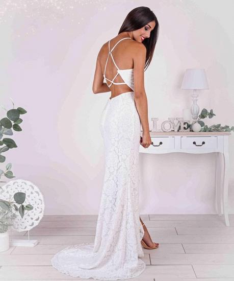 Simple Spaghetti Strap Side Slit Open Back Mermaid Lace Wedding Dress_2