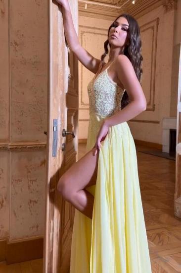 Yellow Long Evening Dresses Cheap | Lace prom dresses_3