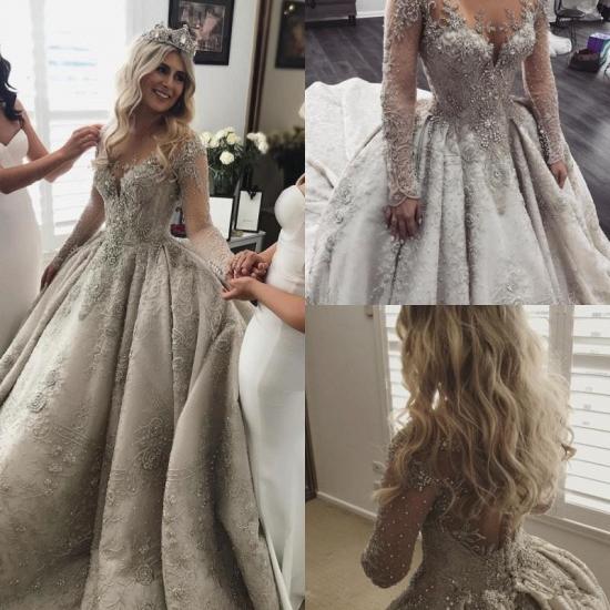 Luxury Long Sleeve Lace Wedding Dresses | Sheer Tulle Crystal Beads Dresses for Weddings_4