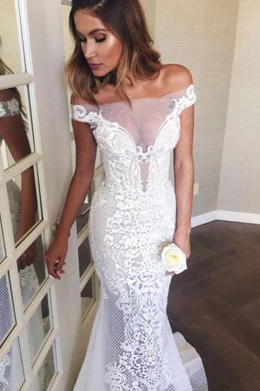 Gorgeous Off The Shoulder White Mermaid Wedding Dress Tulle_1