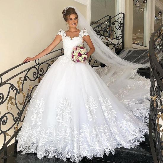 Elegant Cap Sleeves White Tulle Lace Wedding Dress with Chapel Train_3