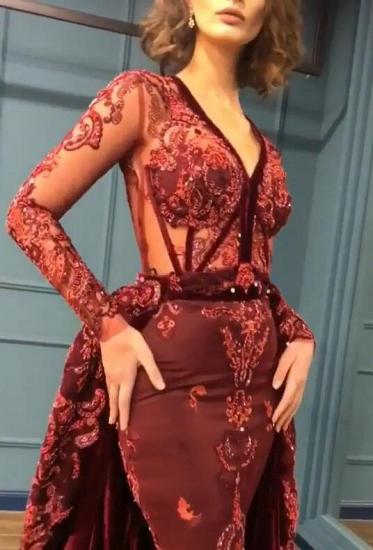 Sparkly Beading Burgundy Long Sleeves Prom Dresses with Appliques_3