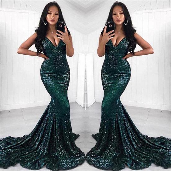 Sexy V-neck Shiny Dark Green Sequins Evening Dresses | Mermaid Court Train Cheap Prom Dresses 2022_3
