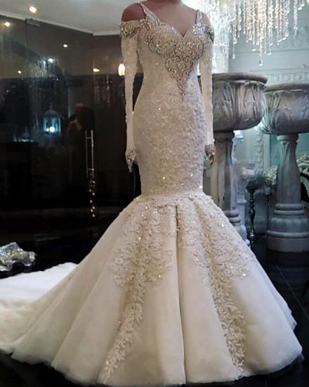 Elegante Meerjungfrau mit langen Ärmeln Brautkleider | 2022 Lace Crystal Brautkleider Online_1