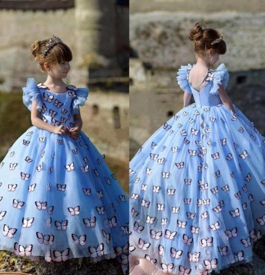Chic Jewel Cap Volant Ärmel Puffy Flower Girl Kleider mit handgemachten Schmetterlingen | Langes Mädchen Festzug Kleid_3