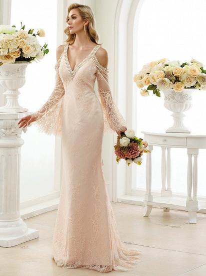 Sexy Etui-Hochzeitskleid mit floraler Spitze, langen Ärmeln, Brautkleidern in Farbe, offener Rücken mit Sweep-Zug