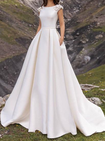 Country A-Line Wedding Dress Jewel Satin Cap Sleeve Plus Size Bridal Gowns Sweep Train