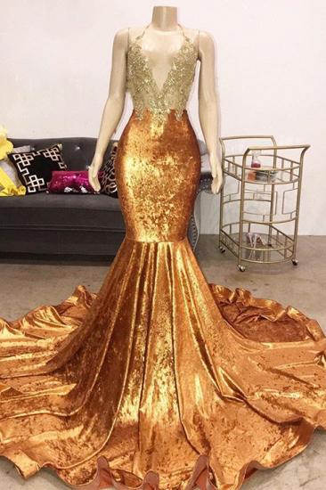 Luxury Beads Appliques Gold Prom Dresses | Mermaid Open Back Sexy Evening Gowns Cheap