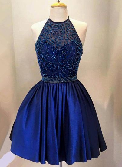 New Arrival Royal Blue Halter Short Homecoming Dress with Beadings A-Line Sleeveless Mini Cocktail Dress