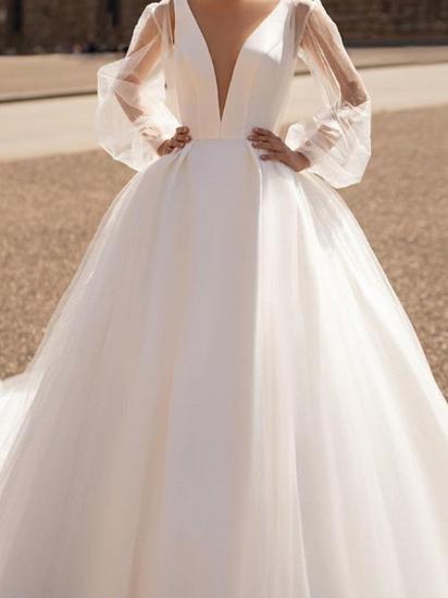 Illusion A-Line Wedding Dress Plunging Neck Tulle Chiffon Long Sleeve Formal Plus Size Bridal Gowns Court Train_3