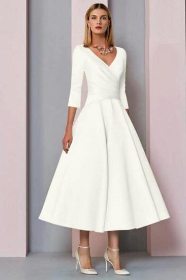 Simple V Neck Long Sleeve Short Satin Wedding Dresses_1