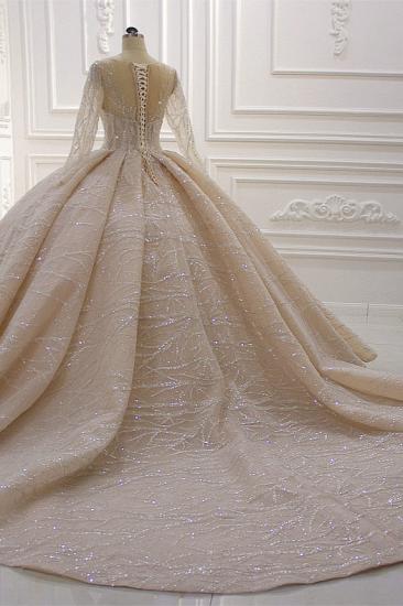 Glänzendes Duchesse-Tüll-Juwelen-Hochzeitskleid mit langen Ärmeln und Rüschen_6