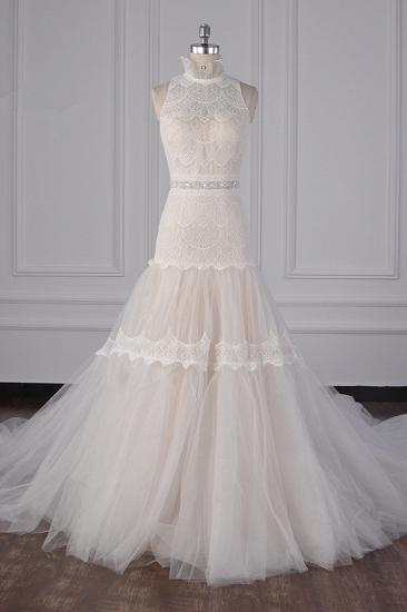 TsClothzone Chic High-Neck Tulle Lace Wedding Dress Appliques Sleeveless Bridal Gowns with Beading Sashes Online