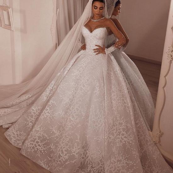 Luxury Sparkle Beaded Ball Gown Tulle Lace Illusion neck Wedding Dress_2