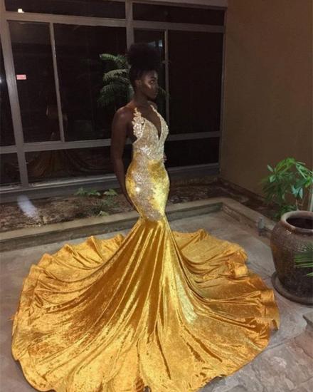 Elegant V-Neck Sleeveless Mermaid Appliques Yellow Prom Dress_3