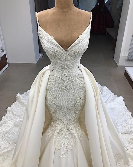 Spaghetti Straps Lace Fit and Flare Wedding Dresses Overskirt |  Appliques Detachable Satin Backless Bridal Gowns_3