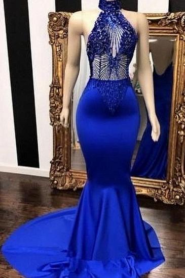 Royal Blue Halter Sleeveless Lace Beading Mermaid Long Prom Dresses_1