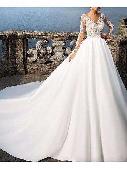 A-Line Wedding Dress V-neck Satin Long Sleeves Bridal Gowns Formal Plus Size with Sweep Train