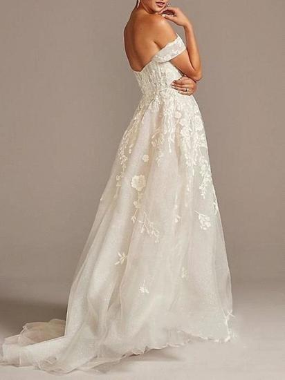 A-Line Wedding Dresses Off Shoulder  Tulle Short Sleeve Sweep Train Lace Illusion_2