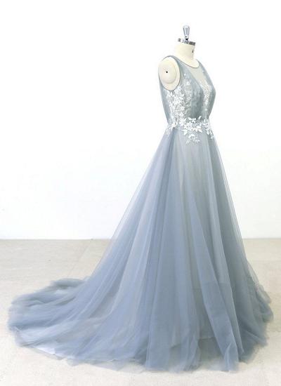 TsClothzone Elegant Gray Tulle Round Neck Beach Wedding Dress Jewel Sweep Train Bridal Gowns On Sale_5