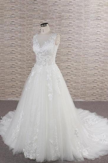 Gorgeous Sleeveless Jewel Tulle Wedding Dress | A-line Ruufles Lace Bridal Gowns With Appliques_4