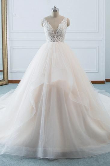 TsClothzone Einfaches Brautkleid mit V-Ausschnitt und weißem Tüll, ärmellose Brautkleider mit Spitze und Perlen im Angebot_2