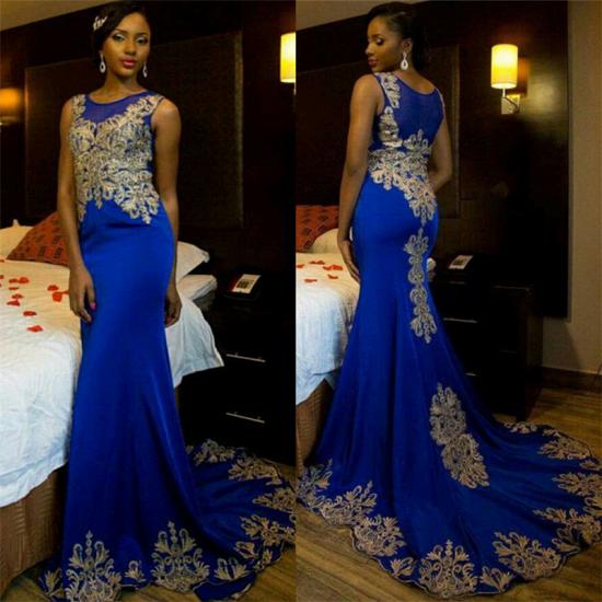 Royal Blue Sleeveless Prom Dresses 2022 | Mermaid Champagne Gold Lace Appliques Evening Gown_3