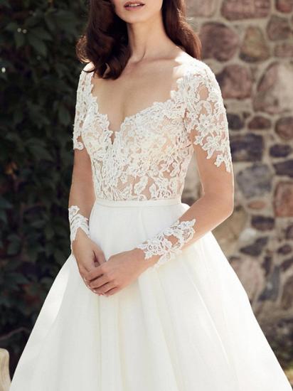 A-Line Wedding Dress V-Neck Lace Tulle Long Sleeve Bridal Gowns Court Train_2