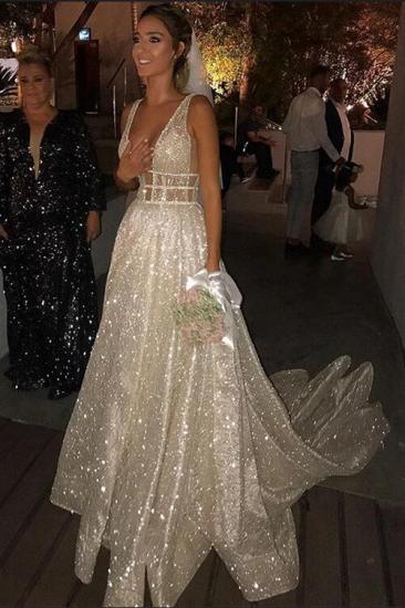 Sexy Sparkling V Neck Sleeveless Princess Party Dresses With Crystal Waistband | A Line Open Back Evening Gowns