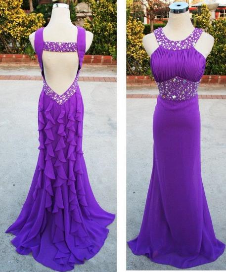 Halter Beading Purple Chiffon Long Evening Dress Empire Ruffle Open Back Occasion Gowns_1