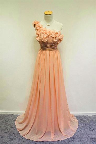 A-line One Shoulder Chiffon Applique Prom Dress Ruffled Sweep Train Lovely Evening Gowns with Flowers_2