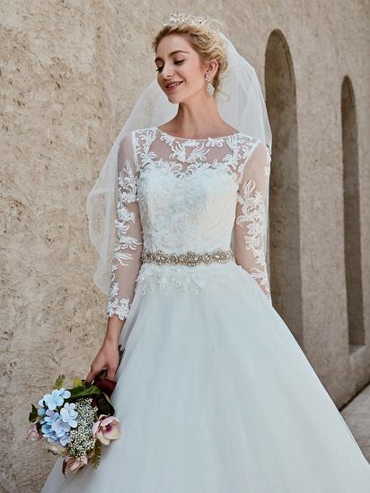 Beautiful Ball Gown Wedding Dress Bateau Lace Tulle Long Sleeves Bridal Gowns with Chapel Train_12