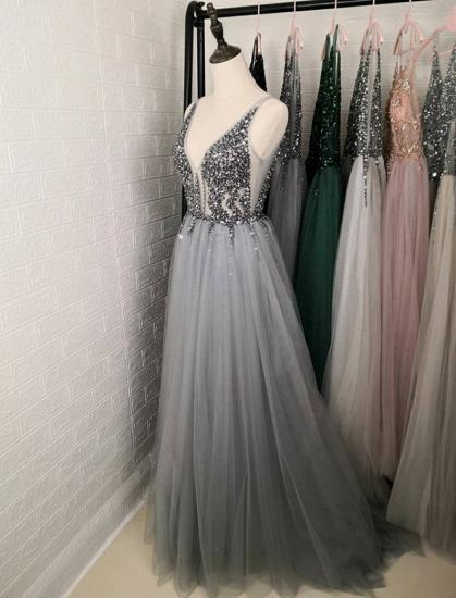 Elegant V-Neck Beadings Tulle Prom Dress Side Split Luxury Eveing Party Dress_4
