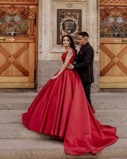 Red A-Line Sleeveless Floor Length Lace Wedding Dress_3