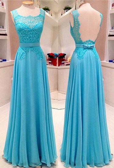 Elegant Light Blue Floor Length Prom Dress A-Line Bowknot Lace Open Back Party Dresses