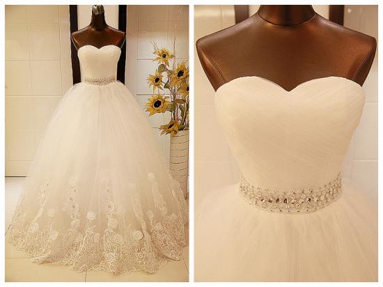 White Lace Sweetheart Crystal Long Wedding Dresses Ball Gown Lace-Up Tulle Fitted Bridal Gowns_4