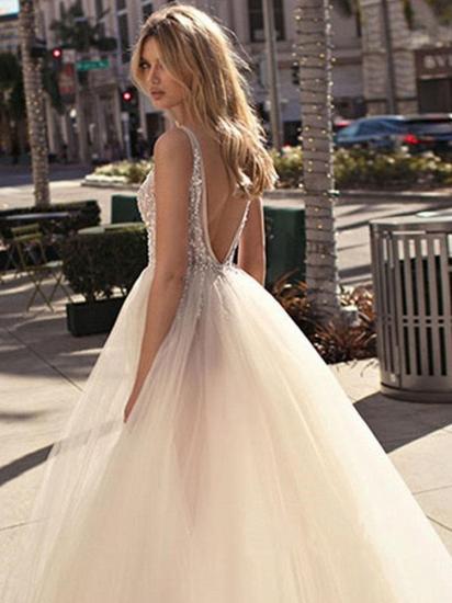 Boho A-Line Tulle Wedding Dress Sexy Slit V-Neck Bedaings Bridal Gowns On Sale_2