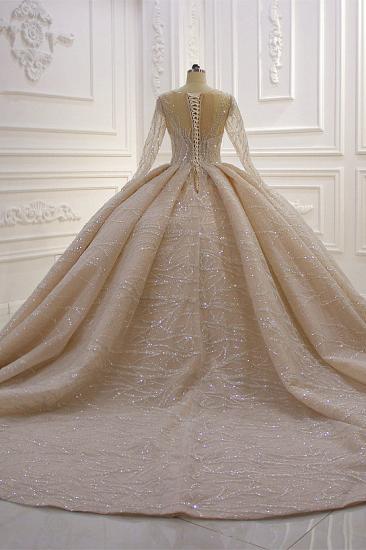 Glänzendes Duchesse-Tüll-Juwelen-Hochzeitskleid mit langen Ärmeln und Rüschen_4