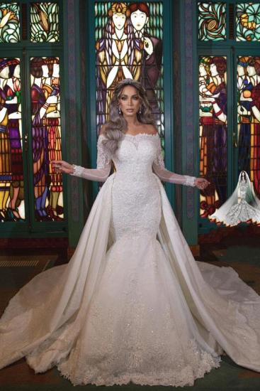 Gorgeous Off Shoulder Long Sleeves mermaid Bridal Gown with Detachable Train