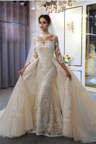 Trendy High neck Mermaid Lace Ivory Wedding Dress with Overskirt_1